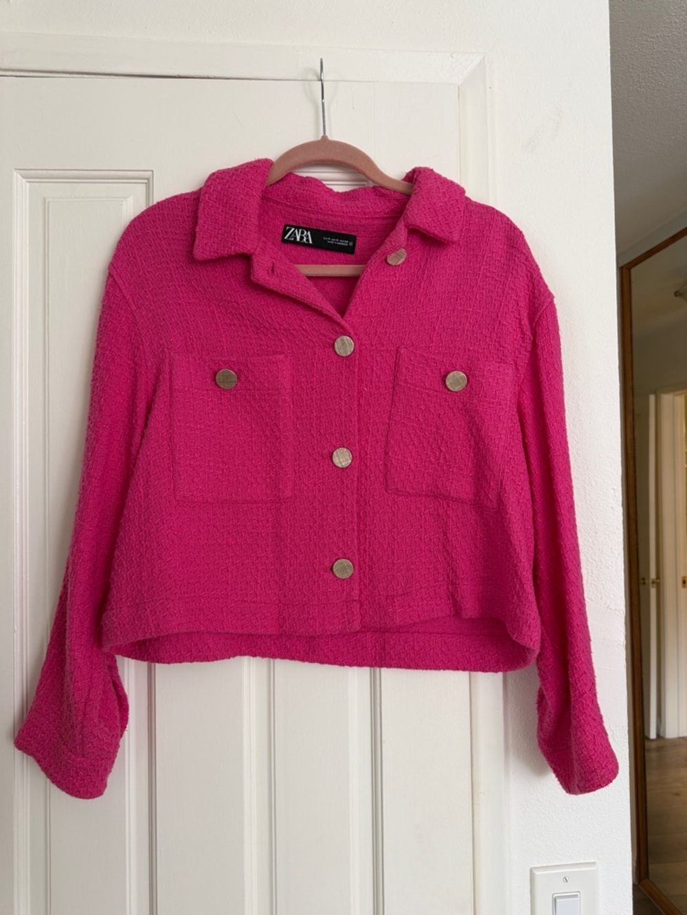 ZARA Hot Pink Textured Button-Front Cropped Jacket